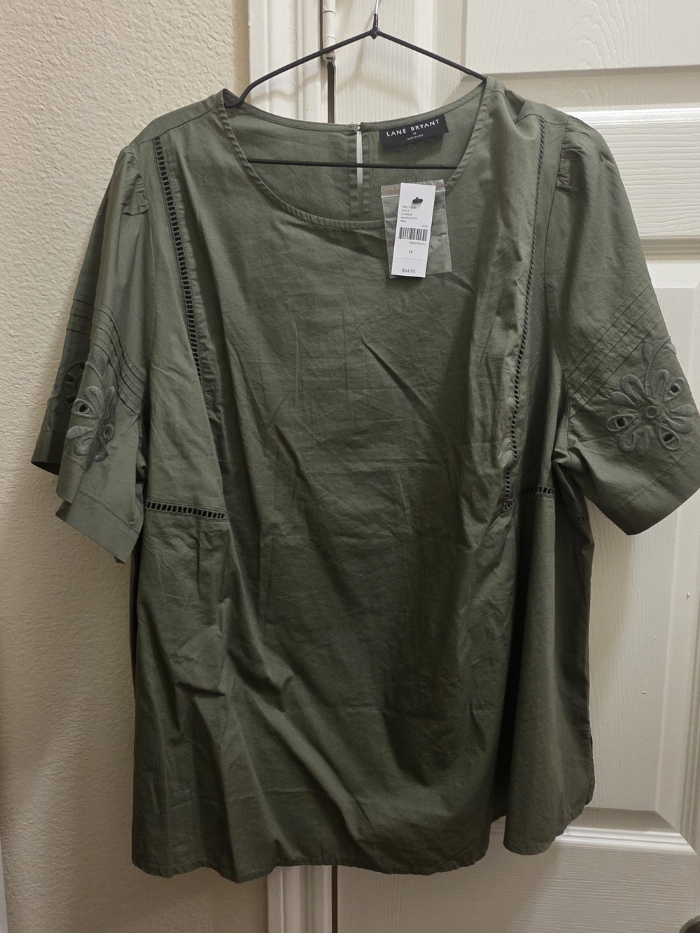 Lane Bryant Olive Green Short Sleeve Top with Embroidered Sleeves